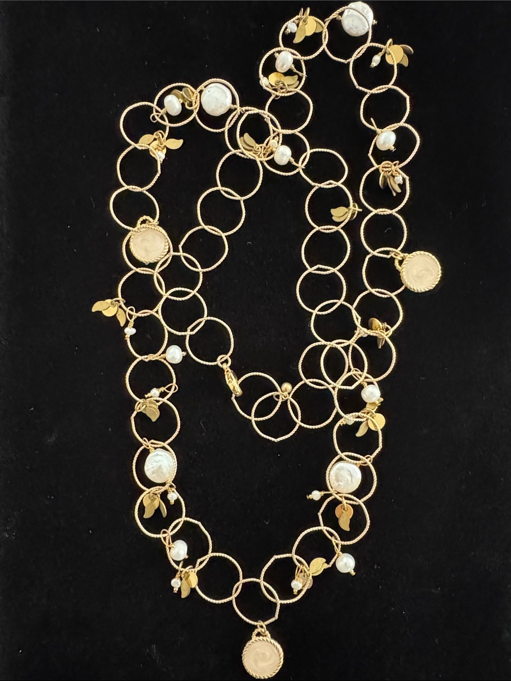 Gold-Tone Multi Ring Long Necklace with Pearl Accents